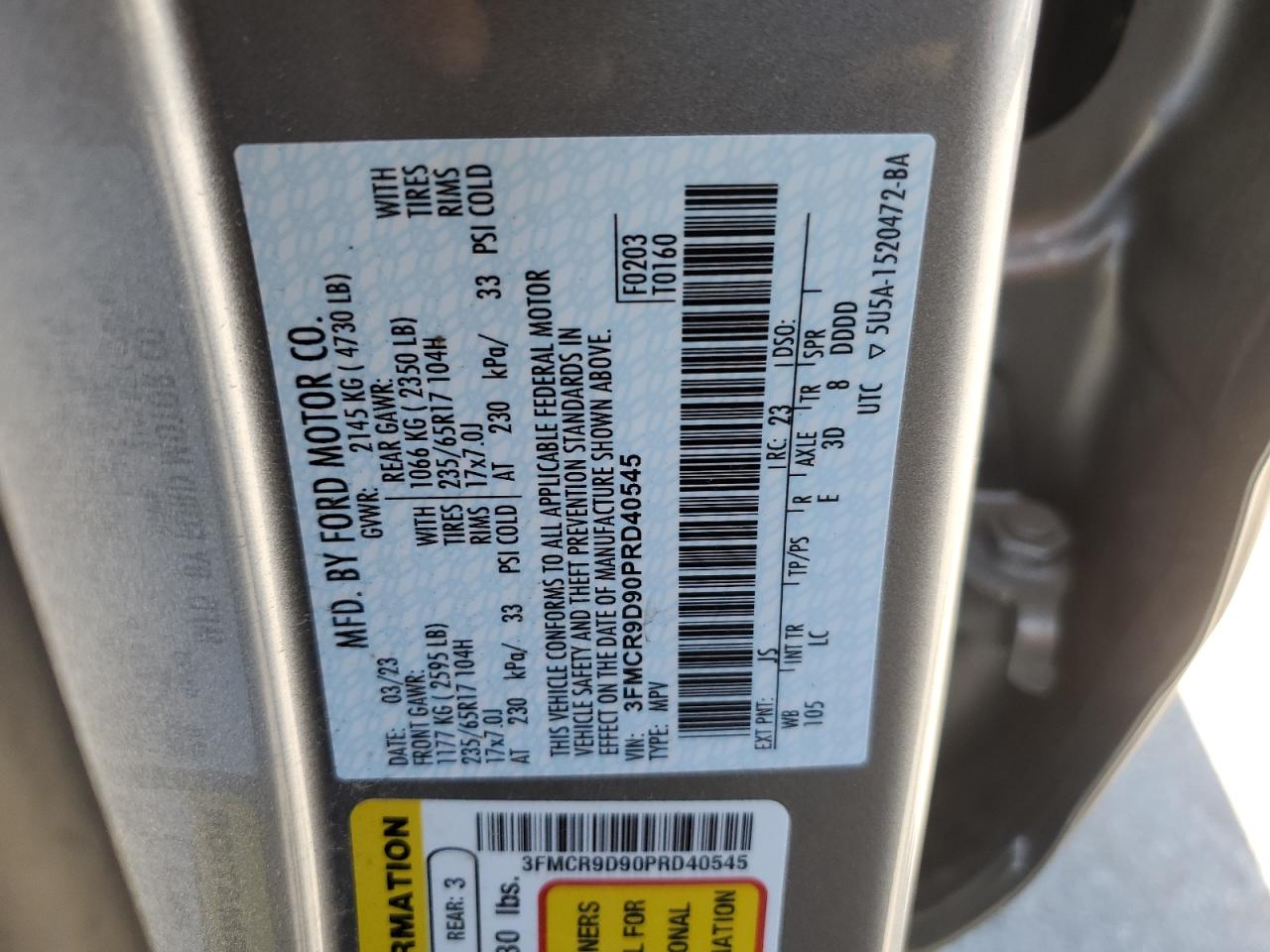 2023 FORD BRONCO SPORT BADLANDS VIN:3FMCR9D90PRD40545