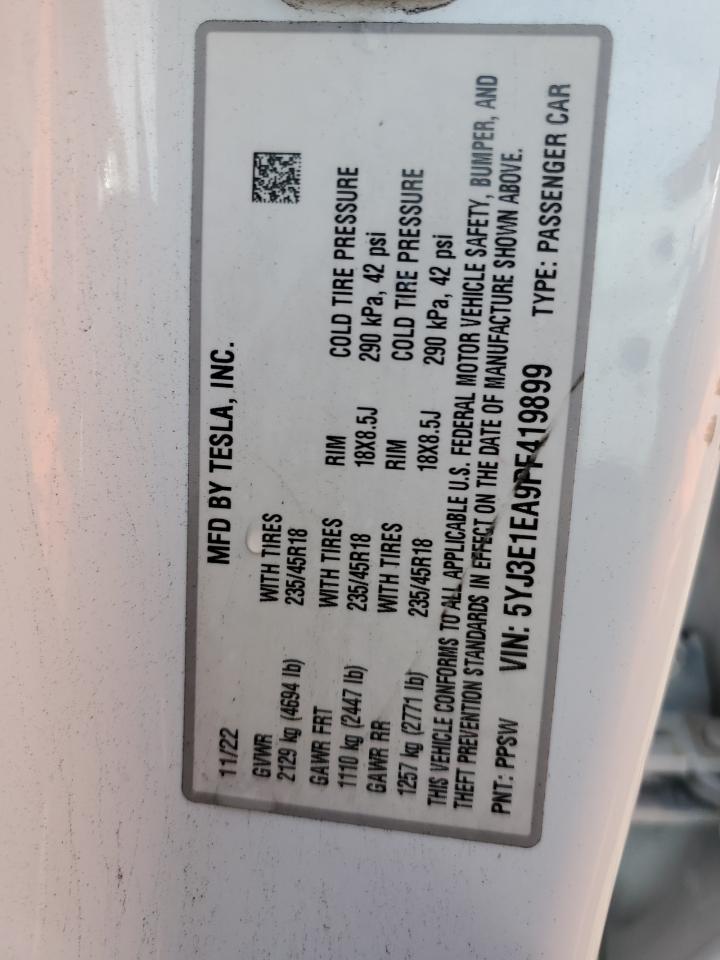 2023 TESLA MODEL 3 VIN:5YJ3E1EA9PF419899