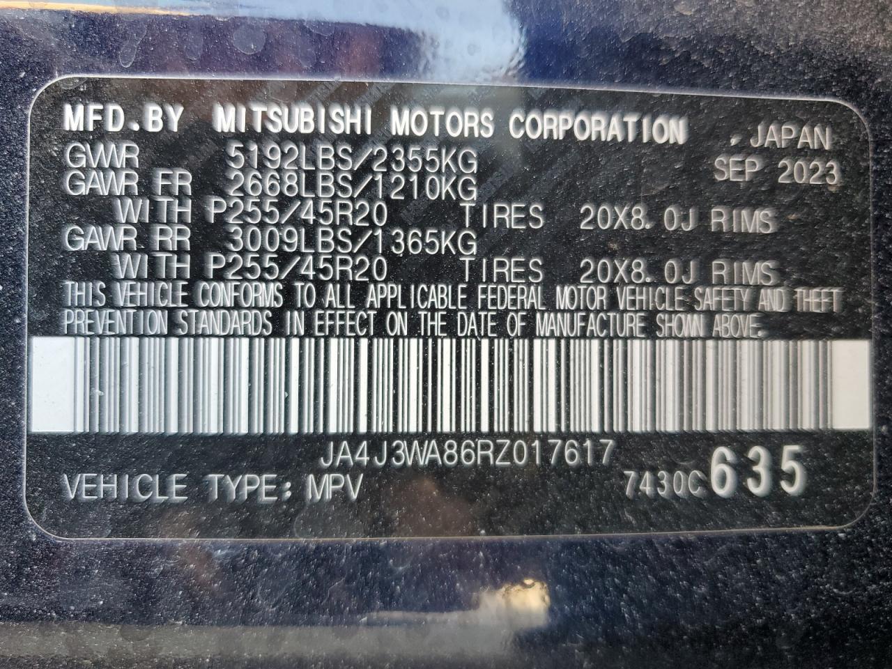 2024 MITSUBISHI OUTLANDER SEL VIN:JA4J3WA86RZ017617