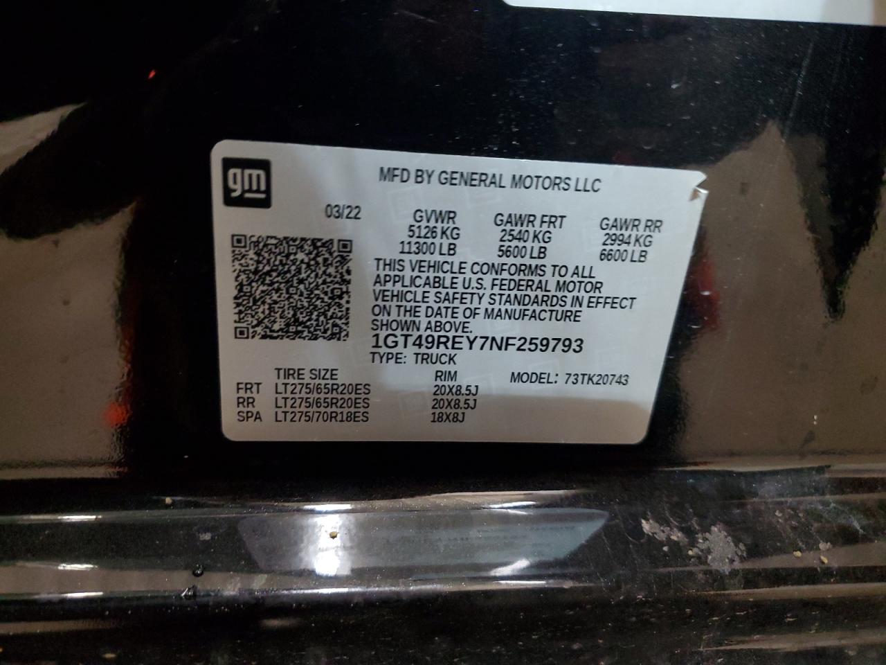 2022 GMC SIERRA K2500 DENALI VIN:1GT49REY7NF259793
