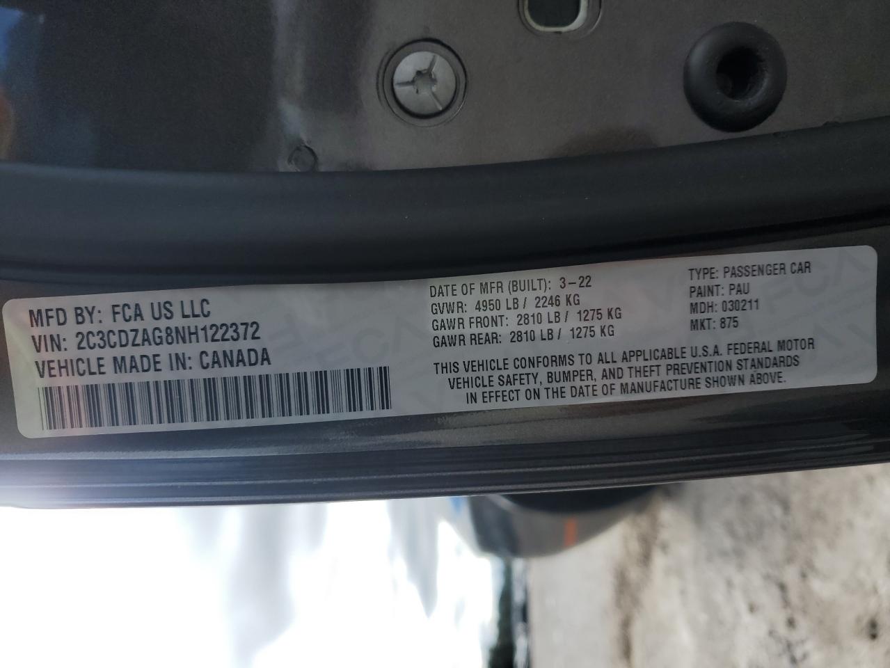 2022 DODGE CHALLENGER SXT VIN:2C3CDZAG8NH122372