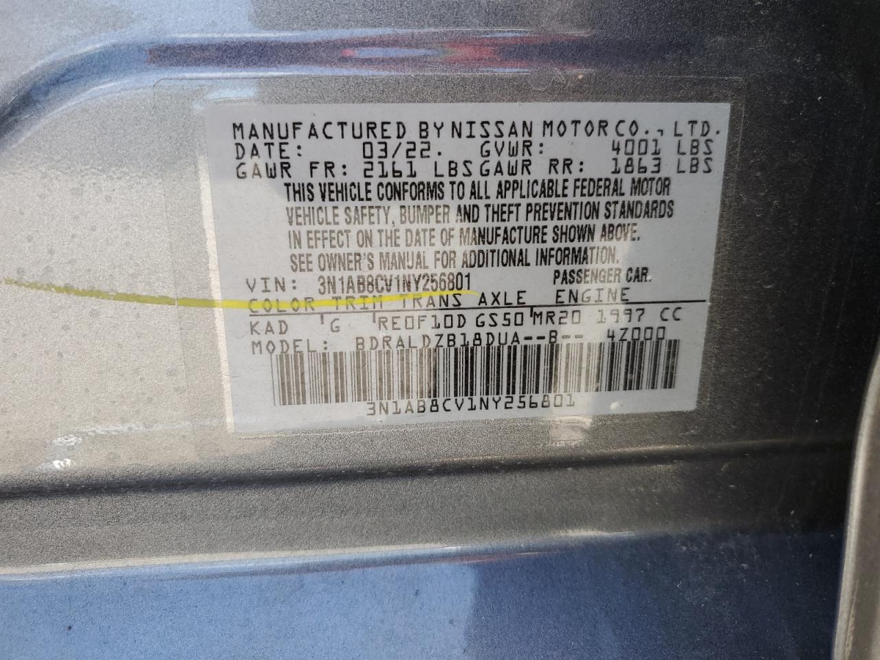 2022 NISSAN SENTRA SV VIN:3N1AB8CV1NY256801