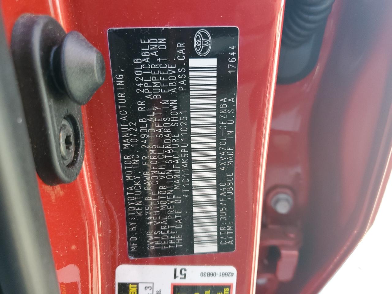 2023 TOYOTA CAMRY LE VIN:4T1C11AK5PU110251