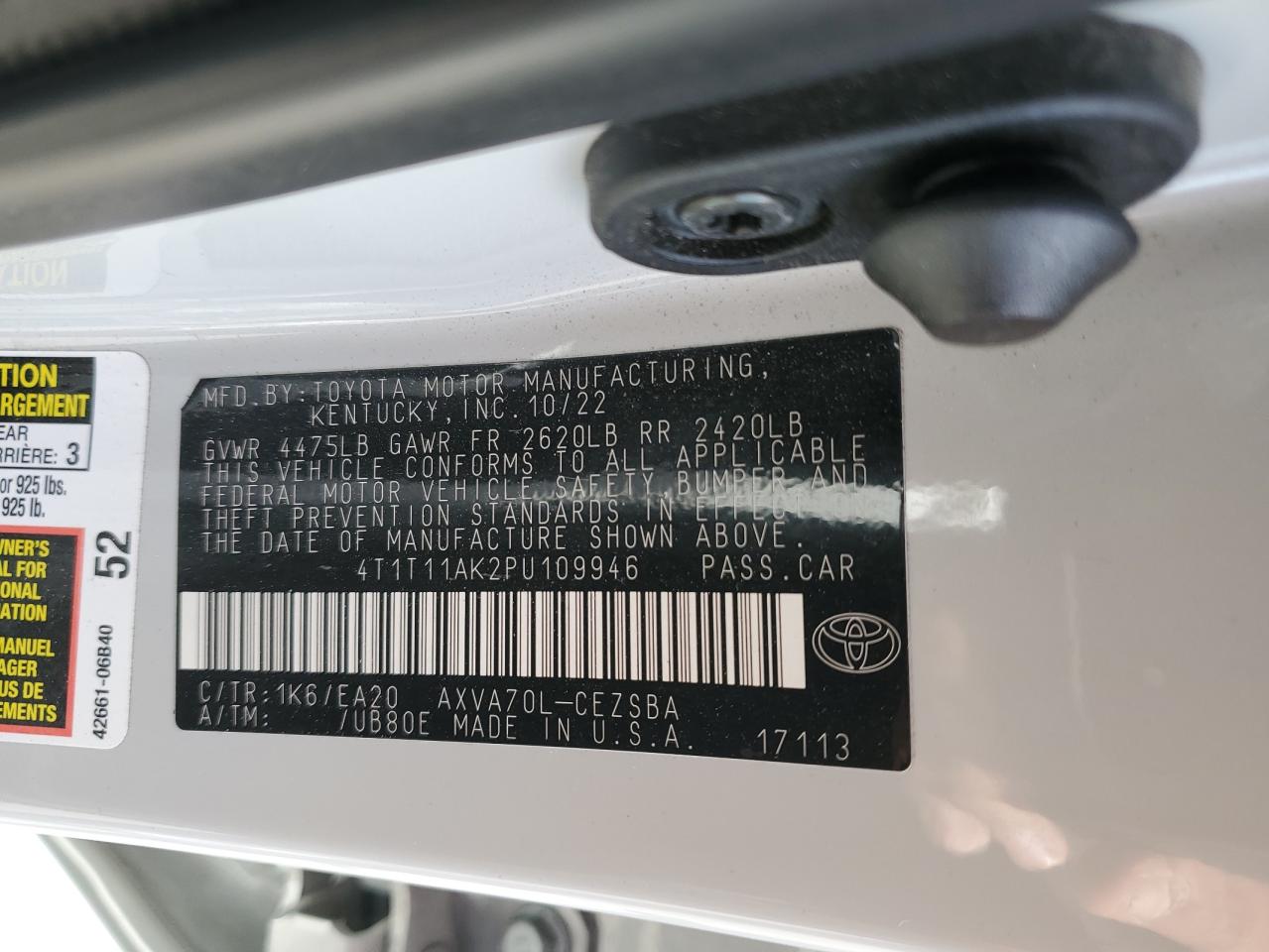 2023 TOYOTA CAMRY SE NIGHT SHADE VIN:4T1T11AK2PU109946