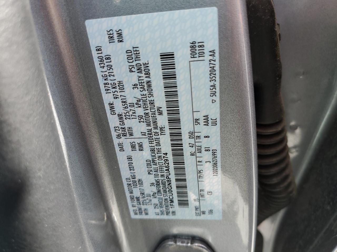 2023 FORD ESCAPE ACTIVE VIN:1FMCU0GN8PUA62974