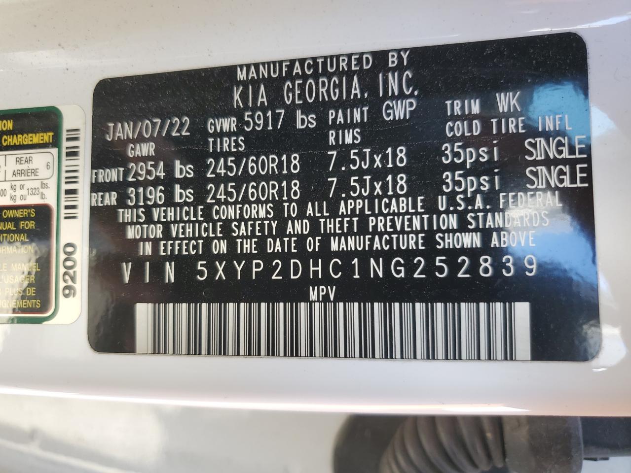 2022 KIA TELLURIDE LX VIN:5XYP2DHC1NG252839