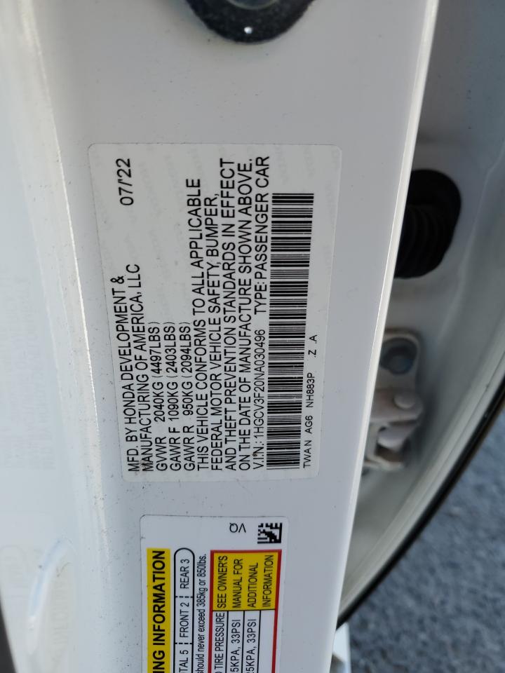 2022 HONDA ACCORD HYBRID SPORT VIN:1HGCV3F20NA030496