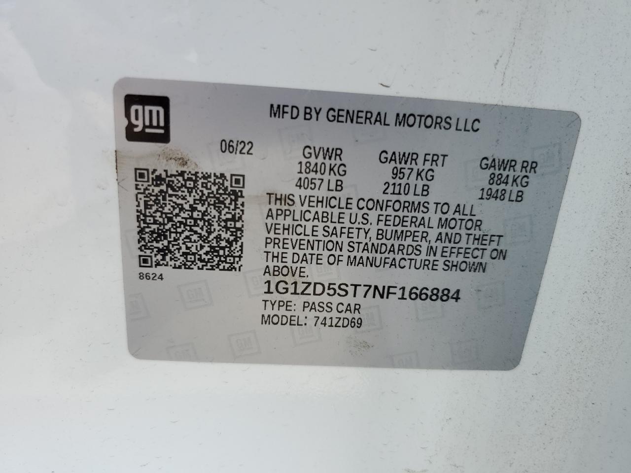 2022 CHEVROLET MALIBU LT VIN:1G1ZD5ST7NF166884