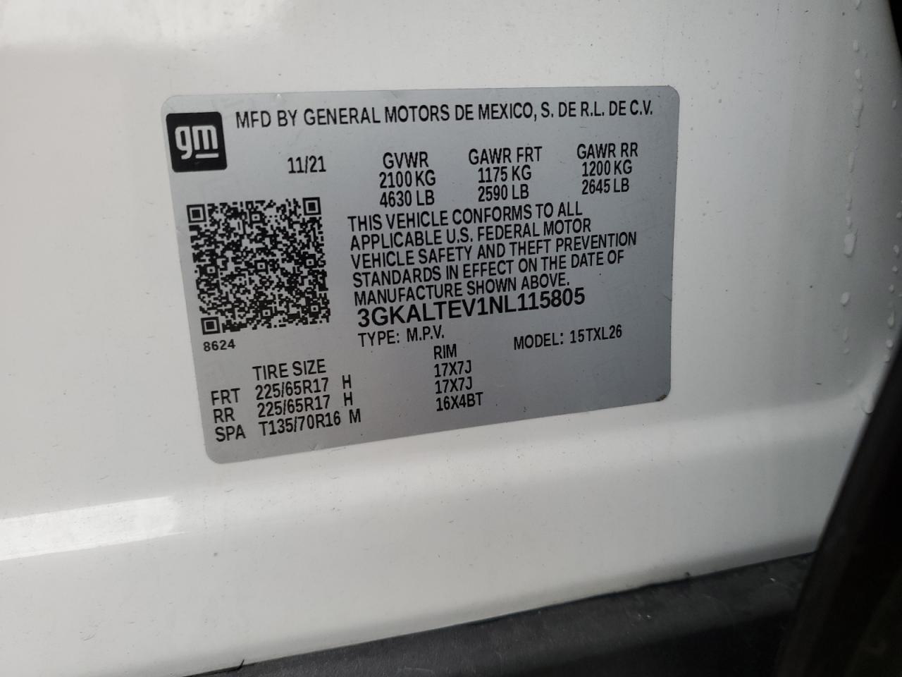 2022 GMC TERRAIN SLE VIN:3GKALTEV1NL115805