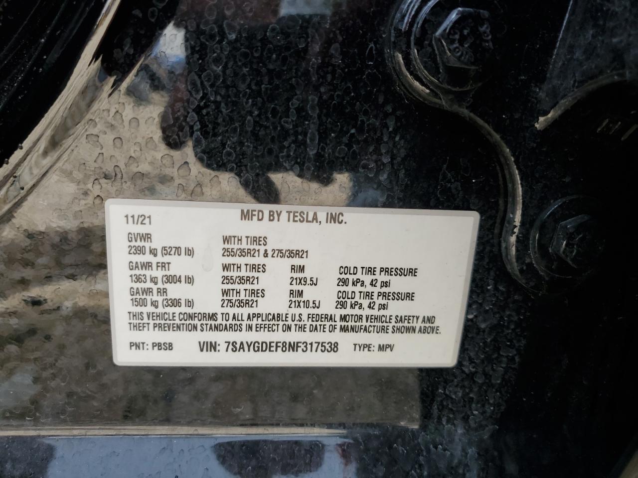 2022 TESLA MODEL Y VIN:7SAYGDEF8NF317538
