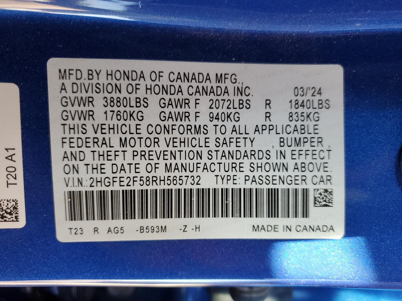 2024 HONDA CIVIC SPORT VIN:2HGFE2F58RH565732