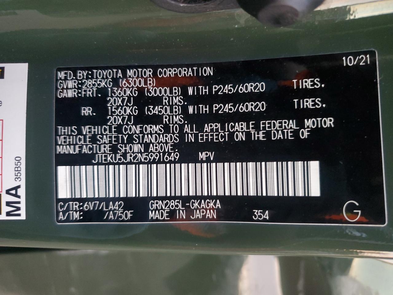 2022 TOYOTA 4RUNNER LIMITED VIN:JTEKU5JR2N5991649