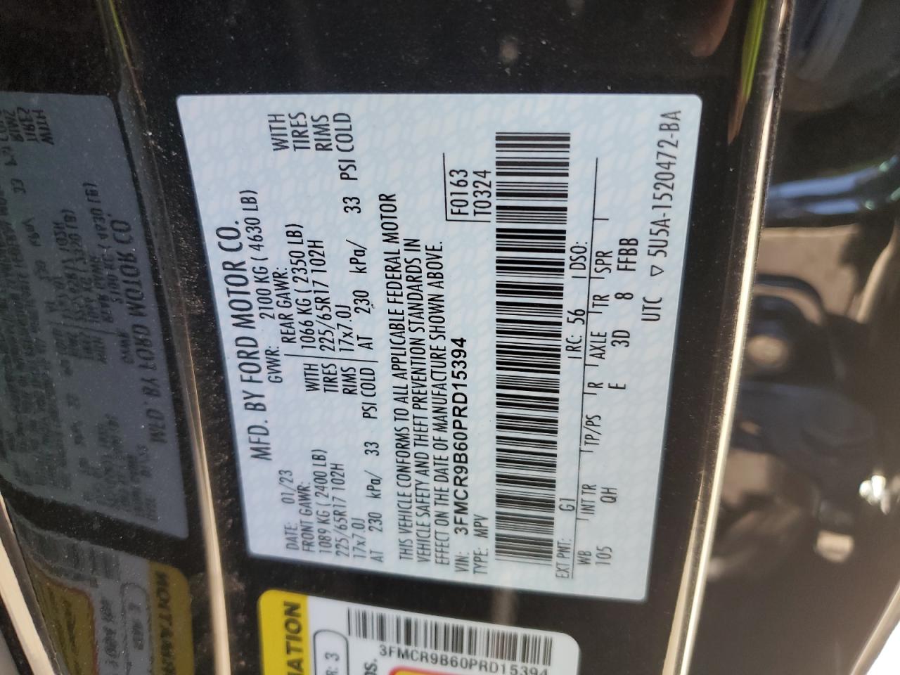 2023 FORD BRONCO SPORT BIG BEND VIN:3FMCR9B60PRD15394