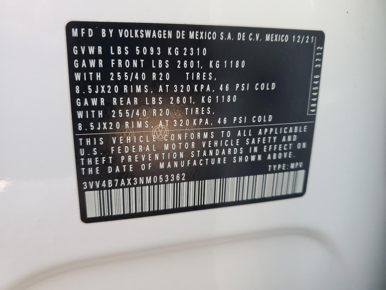2022 VOLKSWAGEN TIGUAN SEL R-LINE VIN:3VV4B7AX3NM053362