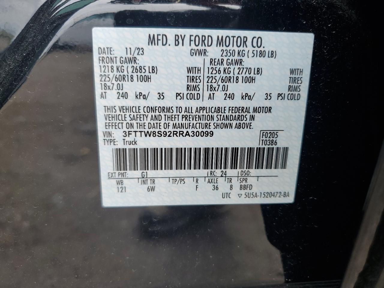 2024 FORD MAVERICK LARIAT VIN:3FTTW8S92RRA30099