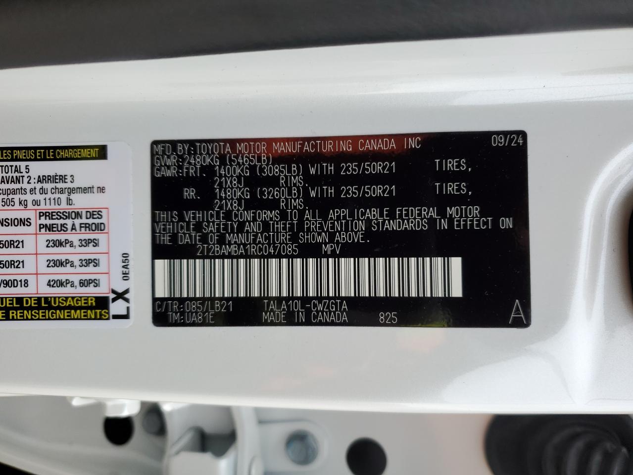 2024 LEXUS RX 350 BASE VIN:2T2BAMBA1RC047085
