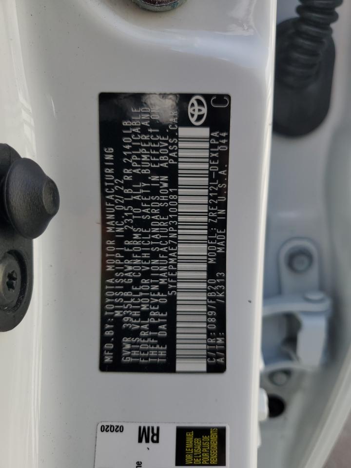 2022 TOYOTA COROLLA LE VIN:5YFEPMAE7NP310081