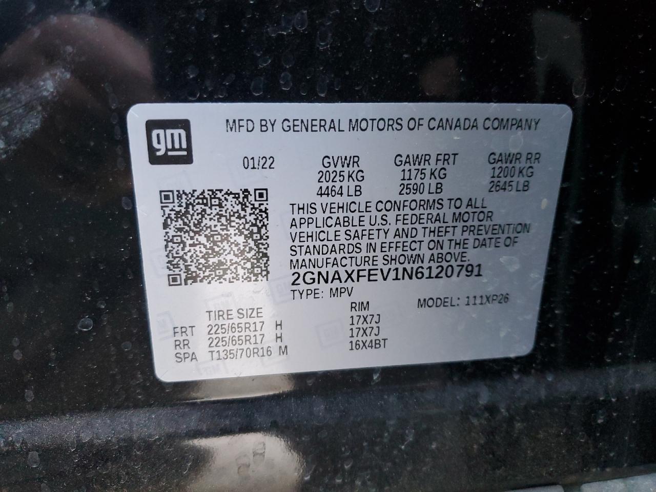 2022 CHEVROLET EQUINOX LS VIN:2GNAXFEV1N6120791