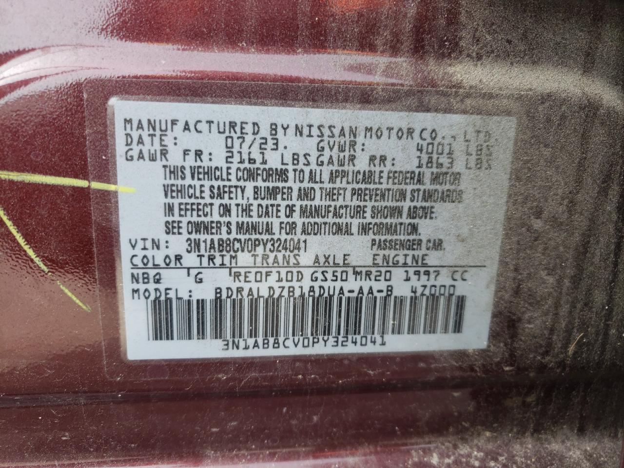 2023 NISSAN SENTRA SV VIN:3N1AB8CV0PY324041