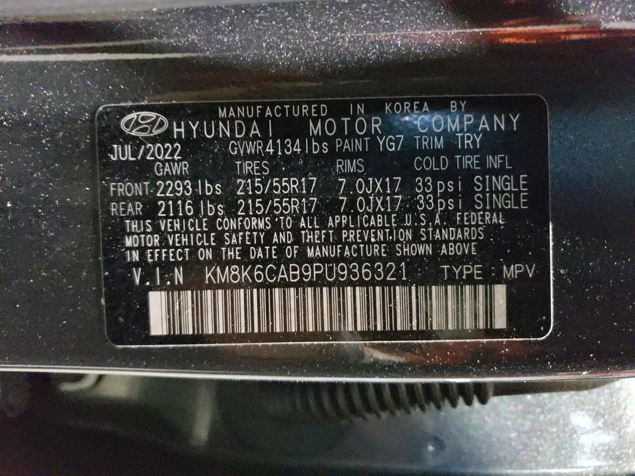 2023 HYUNDAI KONA SEL VIN:KM8K6CAB9PU936321