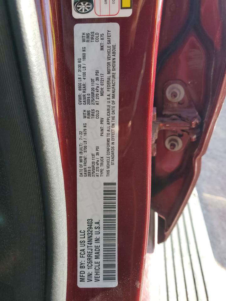 2022 RAM 1500 LARAMIE VIN:1C6RREJT4NN329403