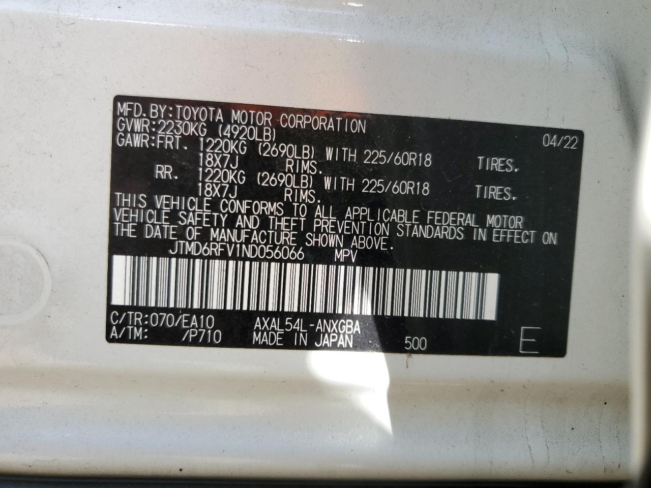 2022 TOYOTA RAV4 LIMITED VIN:JTMD6RFV1ND056066