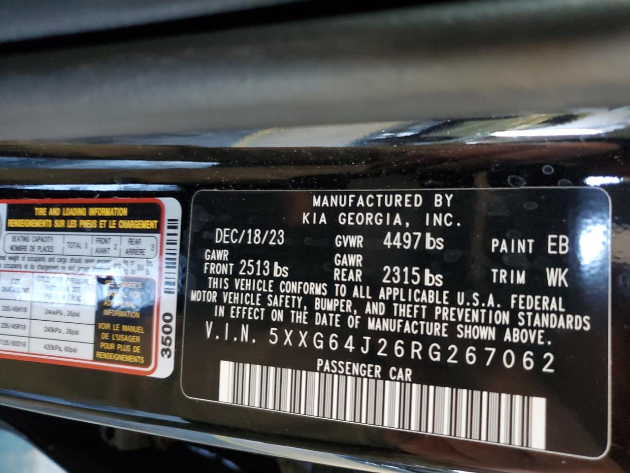 2024 KIA K5 GT LINE VIN:5XXG64J26RG267062