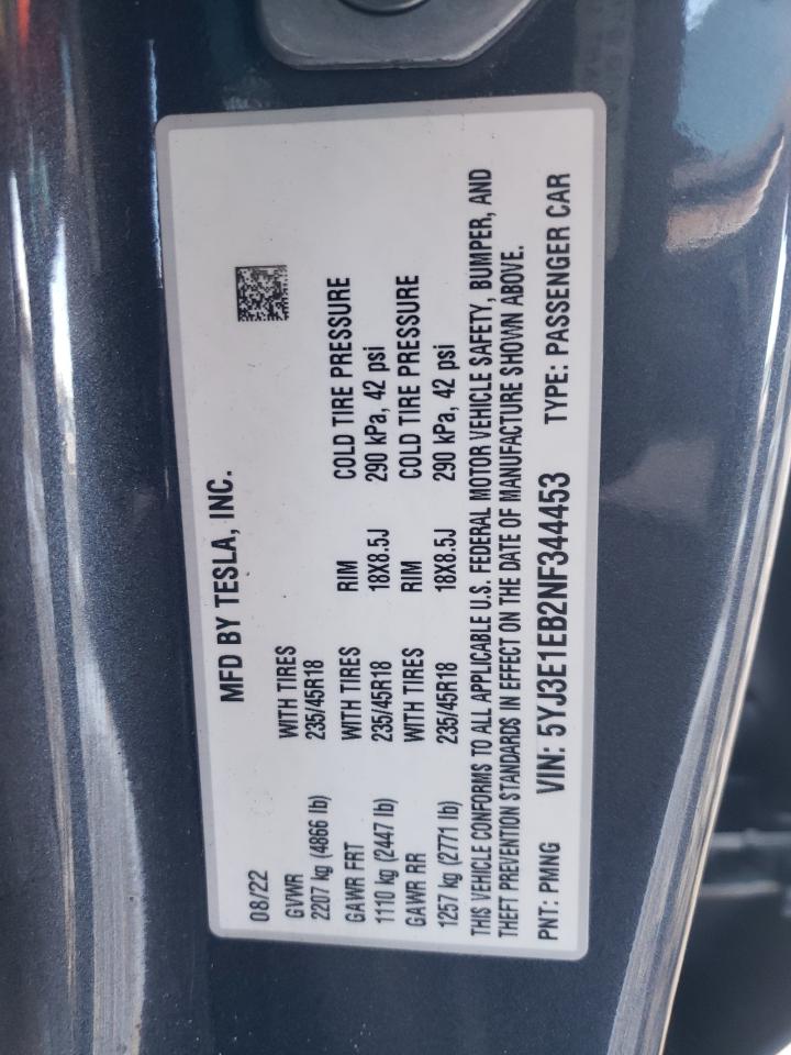 2022 TESLA MODEL 3 VIN:5YJ3E1EB2NF344453