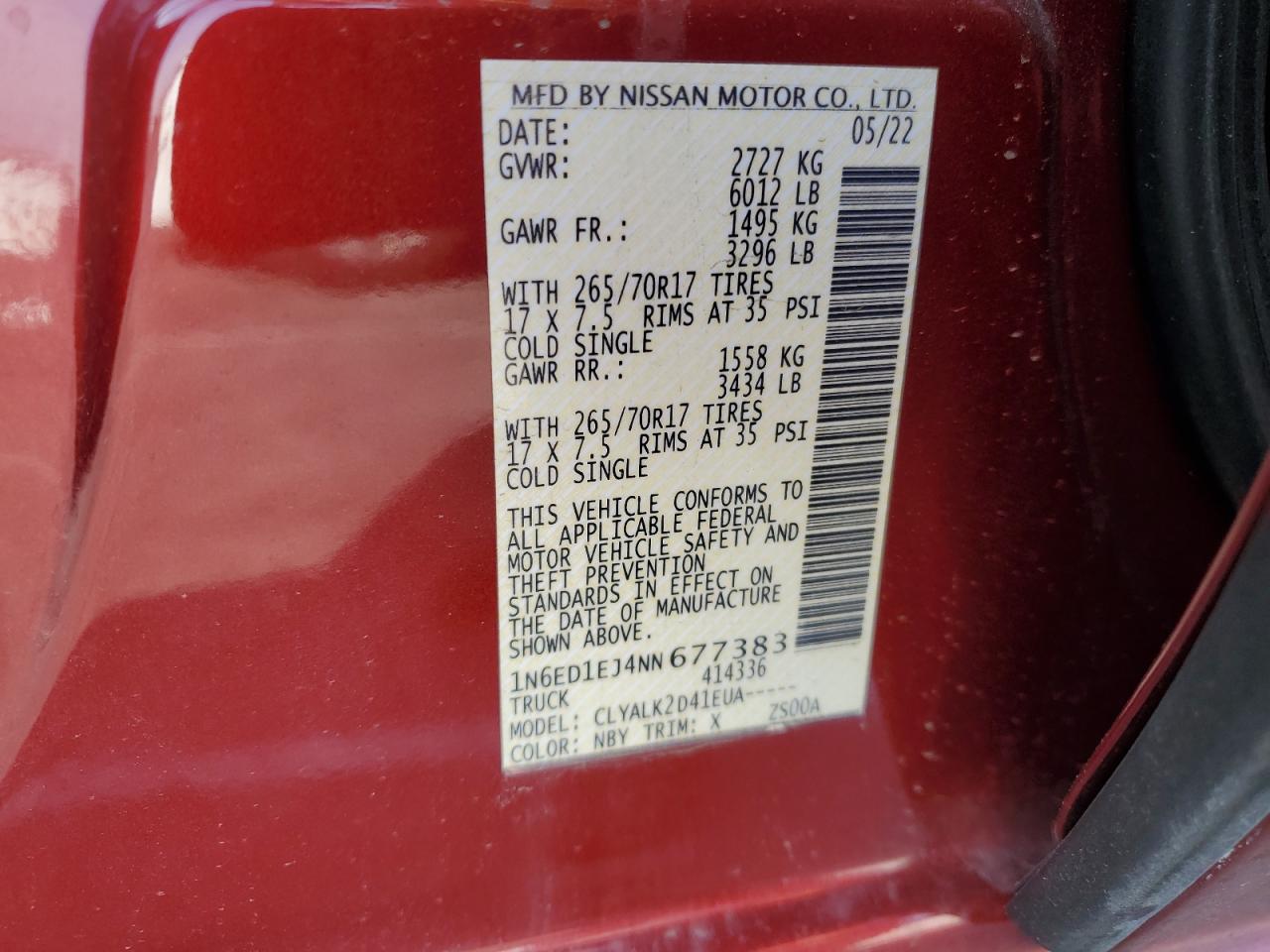 2022 NISSAN FRONTIER S VIN:1GCGSBE35G1353748
