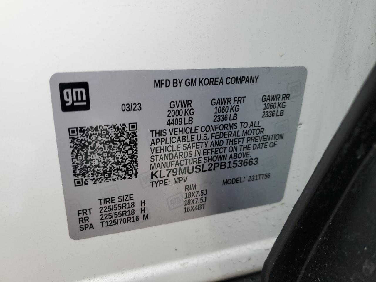 2023 CHEVROLET TRAILBLAZER RS VIN:KL79MUSL2PB153663