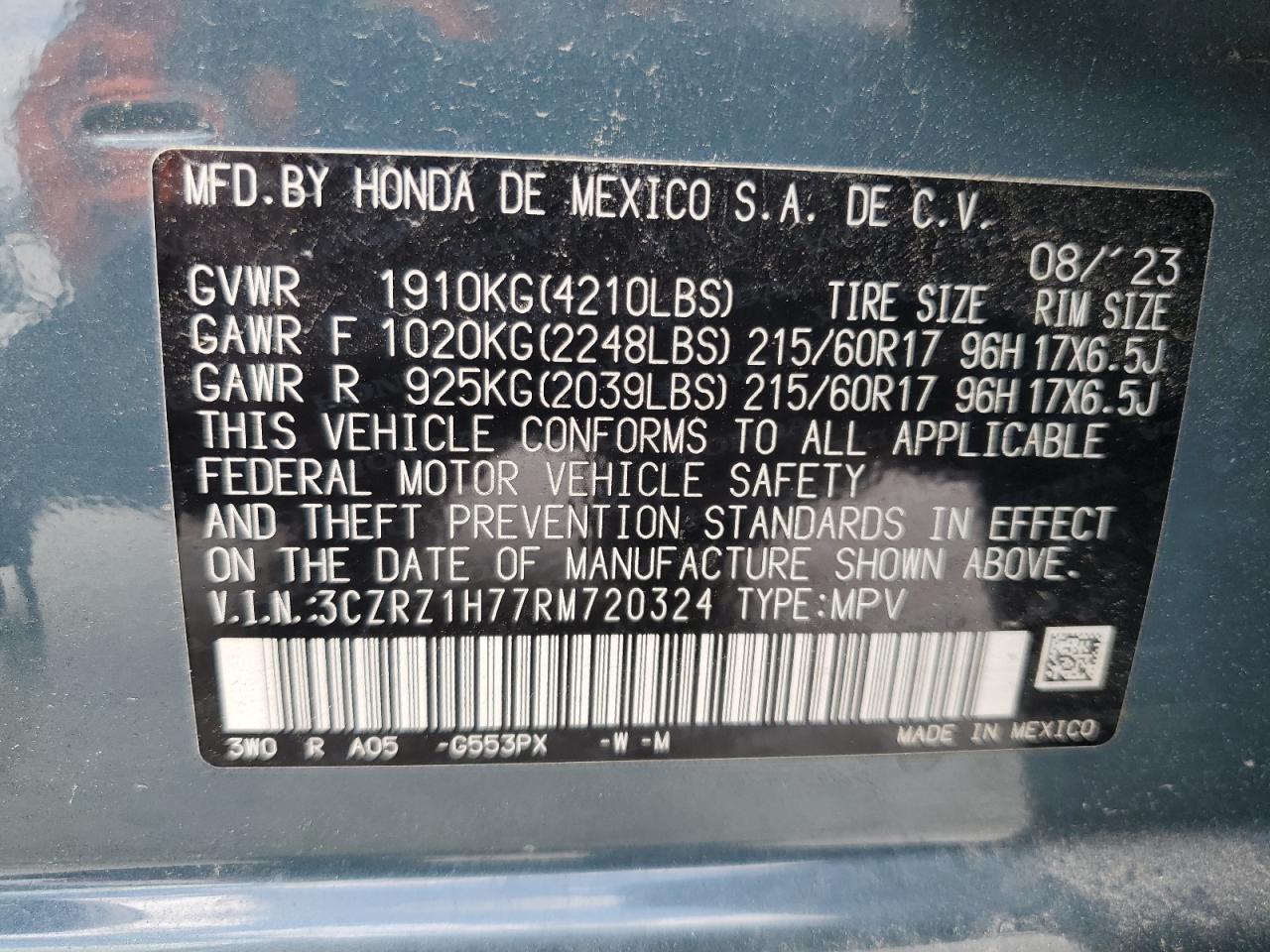 2024 HONDA HR-V EXL VIN:3CZRZ1H77RM720324