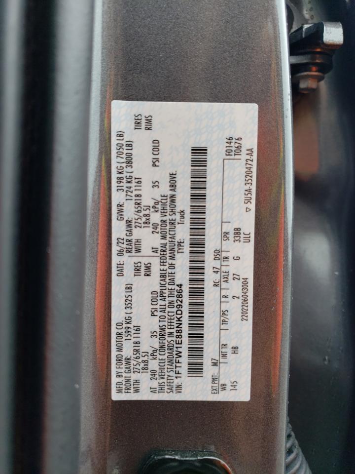 2022 FORD F150 SUPERCREW VIN:1FTFW1E88NKD92864