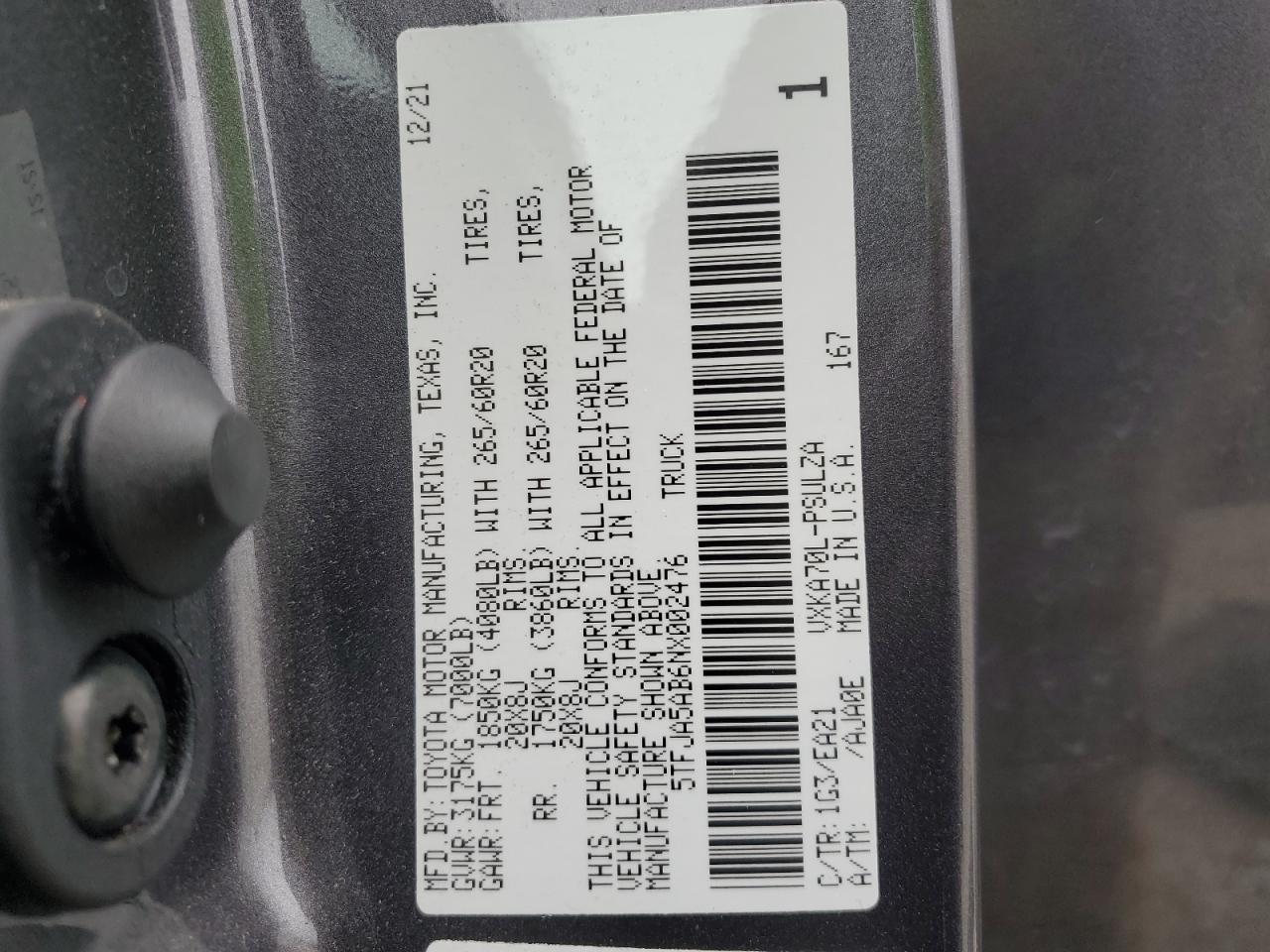 2022 TOYOTA TUNDRA CREWMAX LIMITED VIN:5TFJA5AB6NX002476