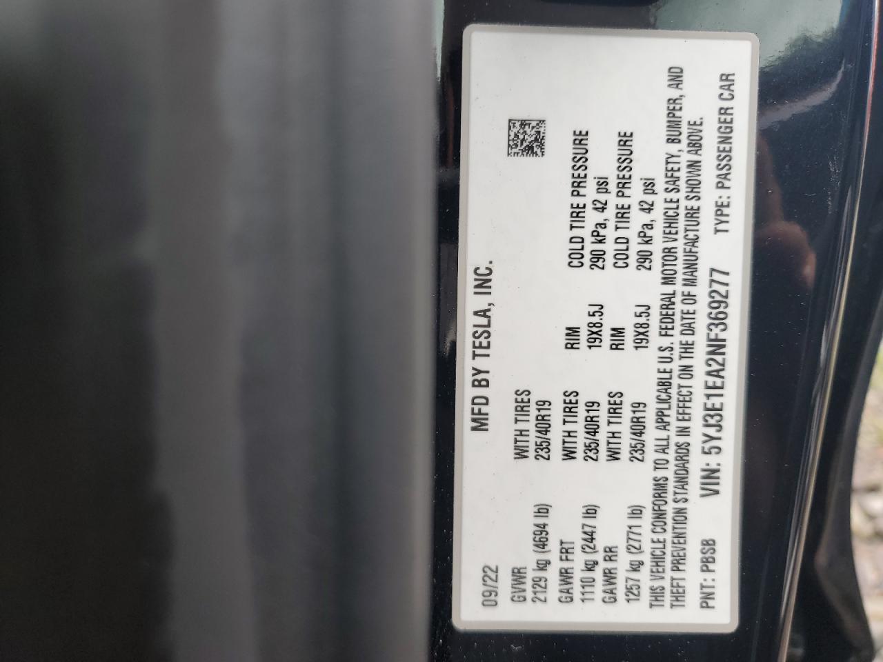 2022 TESLA MODEL 3 VIN:5YJ3E1EA2NF369277
