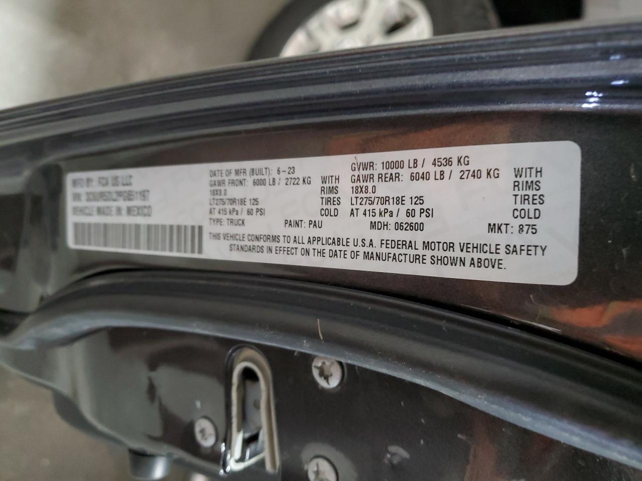 2023 RAM 2500 BIG HORN VIN:3C6UR5DL2PG651197