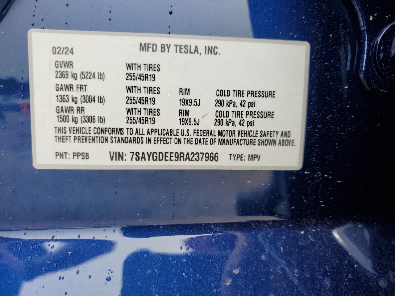 2024 TESLA MODEL Y VIN:7SAYGDEE9RA237966