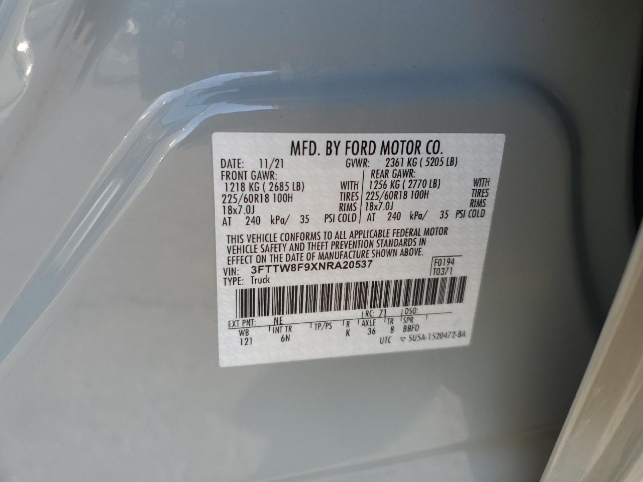 2022 FORD MAVERICK XL VIN:3FTTW8F9XNRA20537