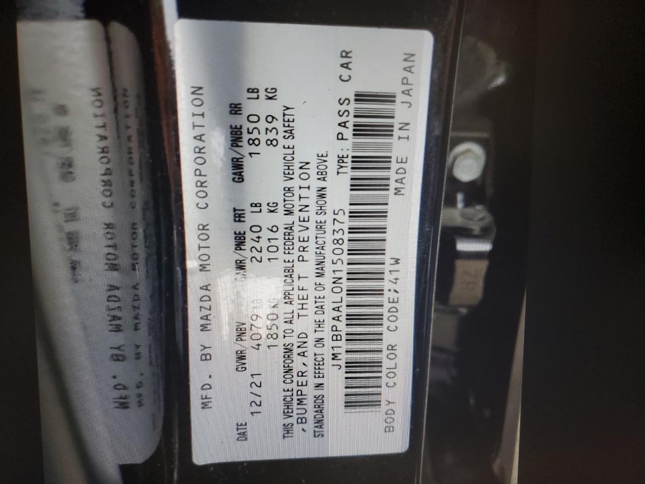 2022 MAZDA 3 VIN:JM1BPAAL0N1508375