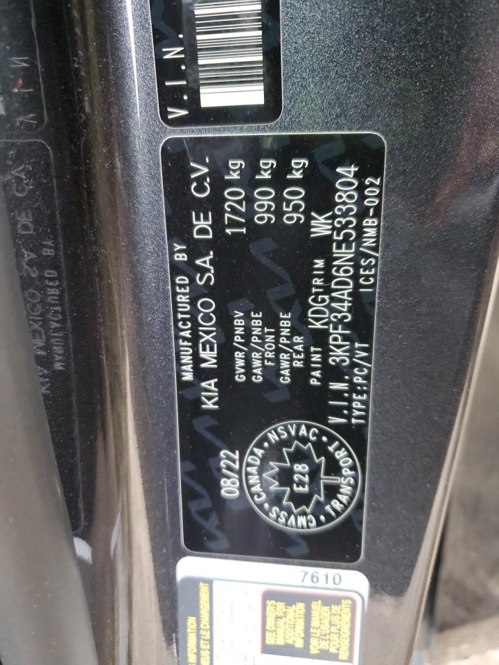 2022 KIA FORTE GT LINE VIN:3KPF34AD6NE533804