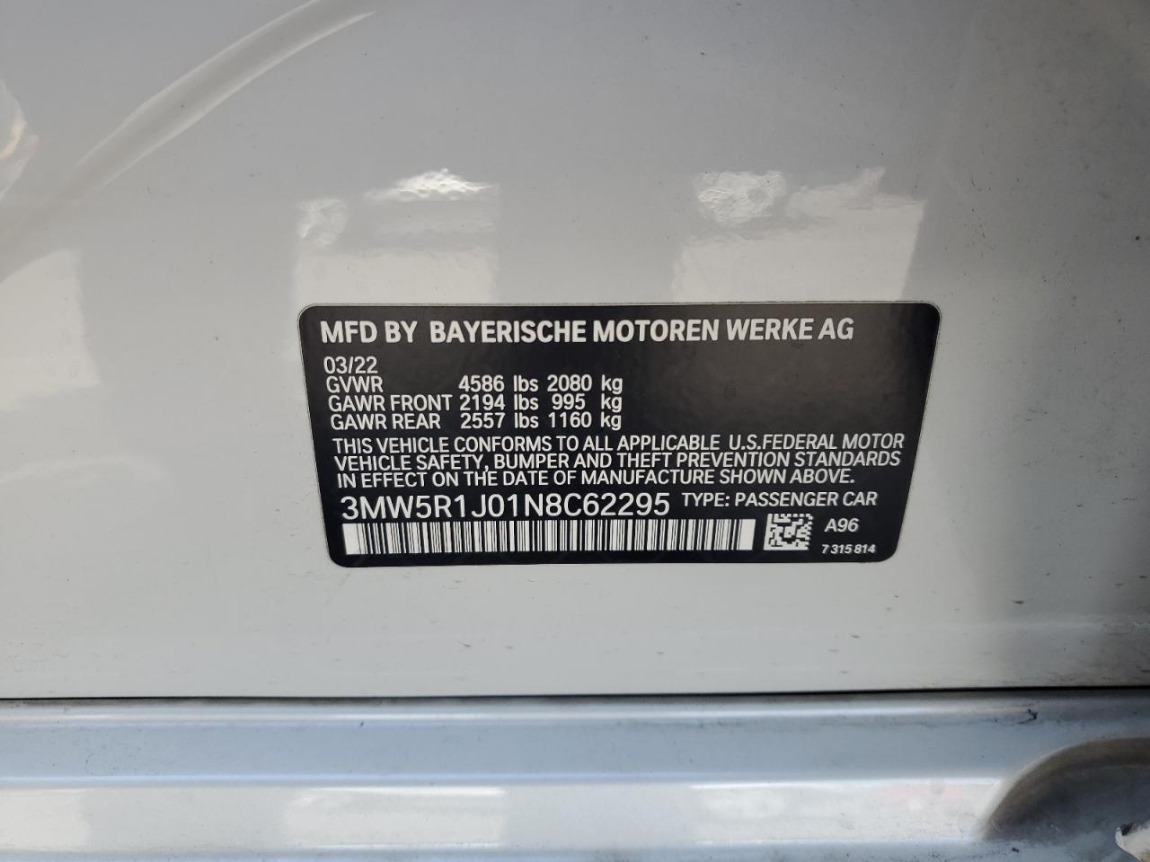 2022 BMW 330I VIN:3MW5R1J01N8C62295