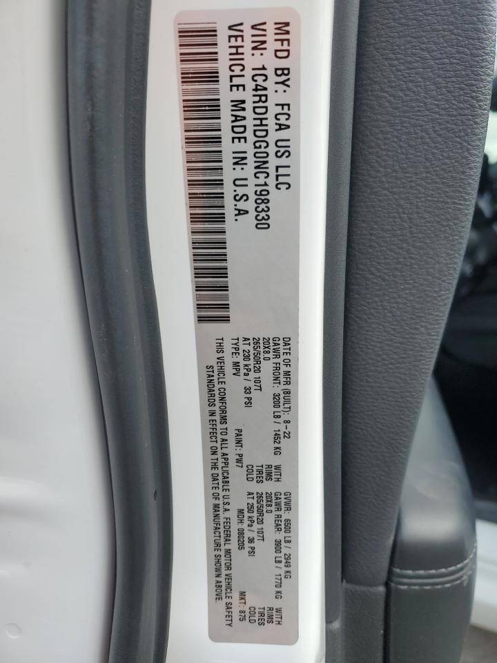 2022 DODGE DURANGO GT VIN:1C4RDHDG0NC198330