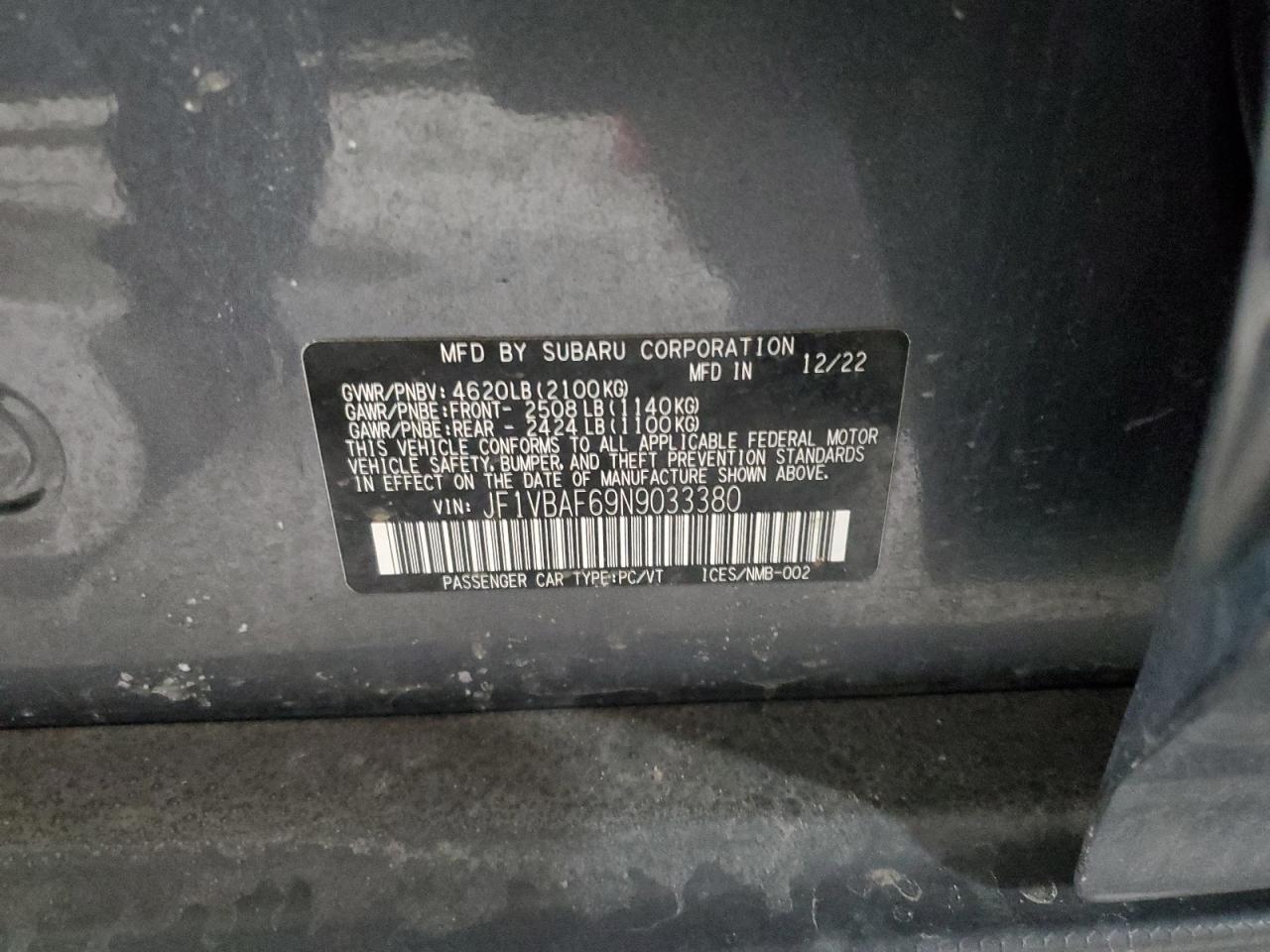 2022 SUBARU WRX PREMIUM VIN:JF1VBAF69N9033380