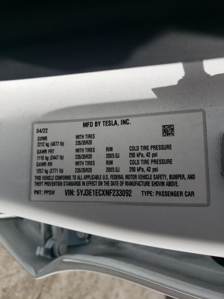 2022 TESLA MODEL 3 VIN:5YJ3E1ECXNF233092