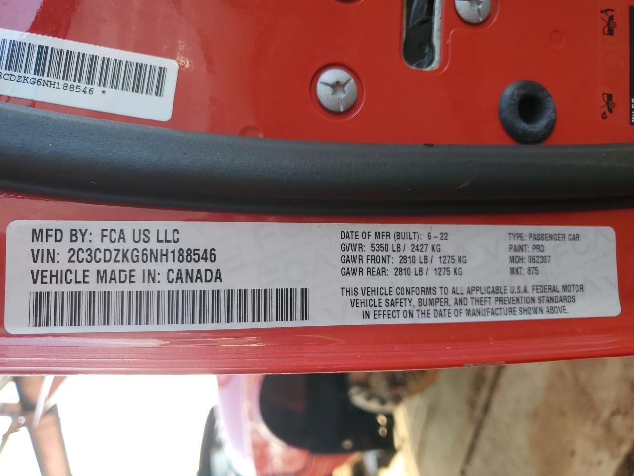 2022 DODGE CHALLENGER GT VIN:2C3CDZKG6NH188546