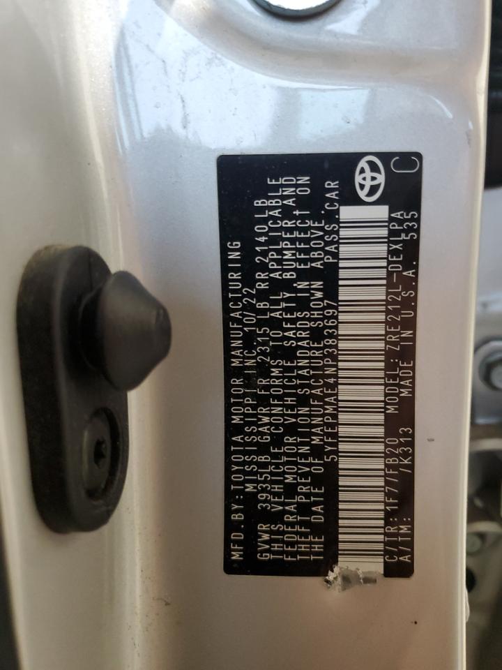 2022 TOYOTA COROLLA LE VIN:5YFEPMAE4NP383697