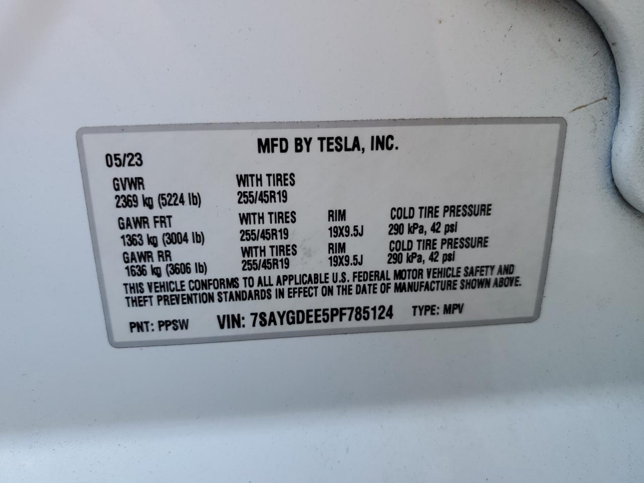 2023 TESLA MODEL Y VIN:7SAYGDEE5PF785124