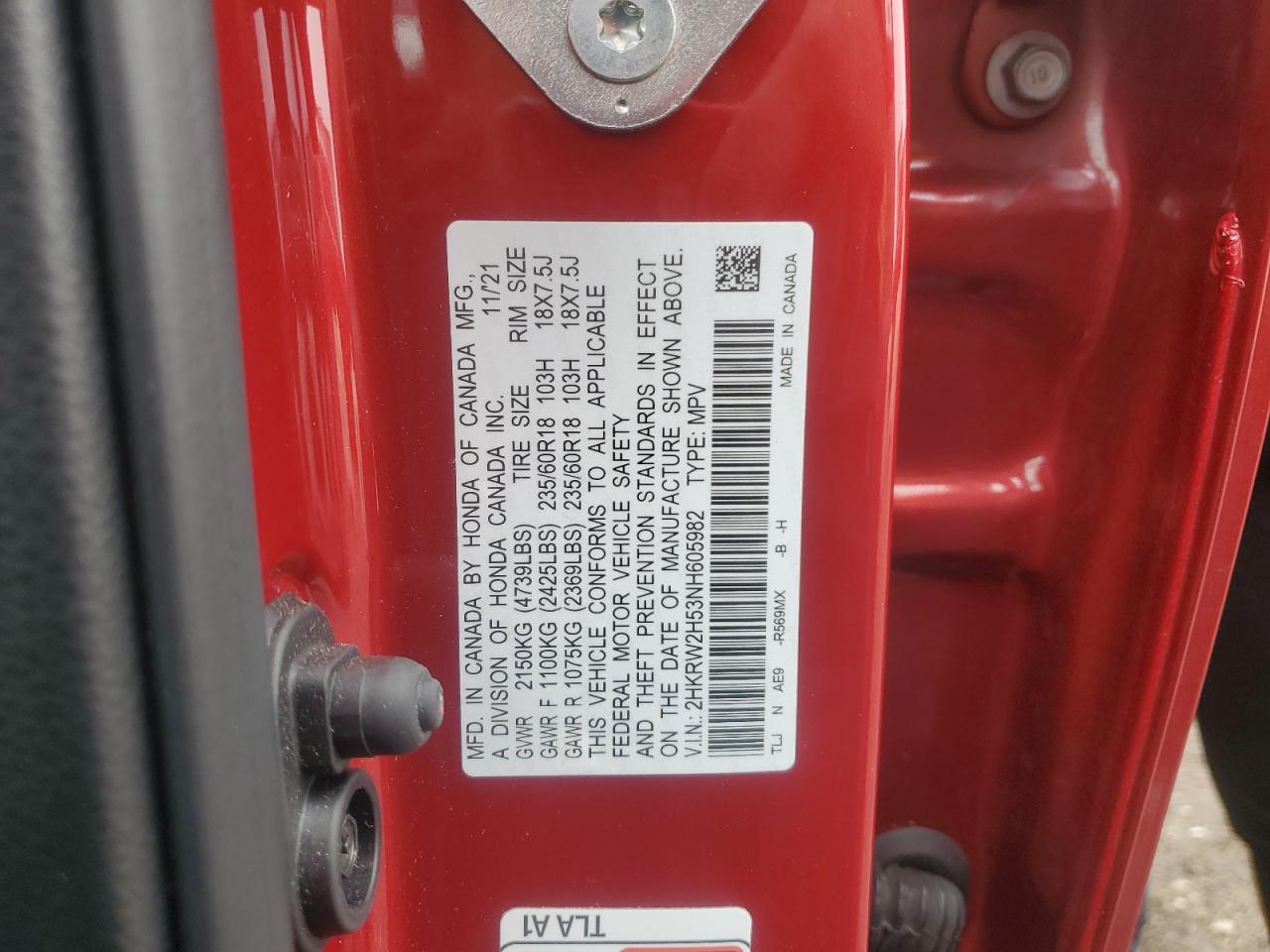 2022 HONDA CR-V EX VIN:2HKRW2H53NH605982