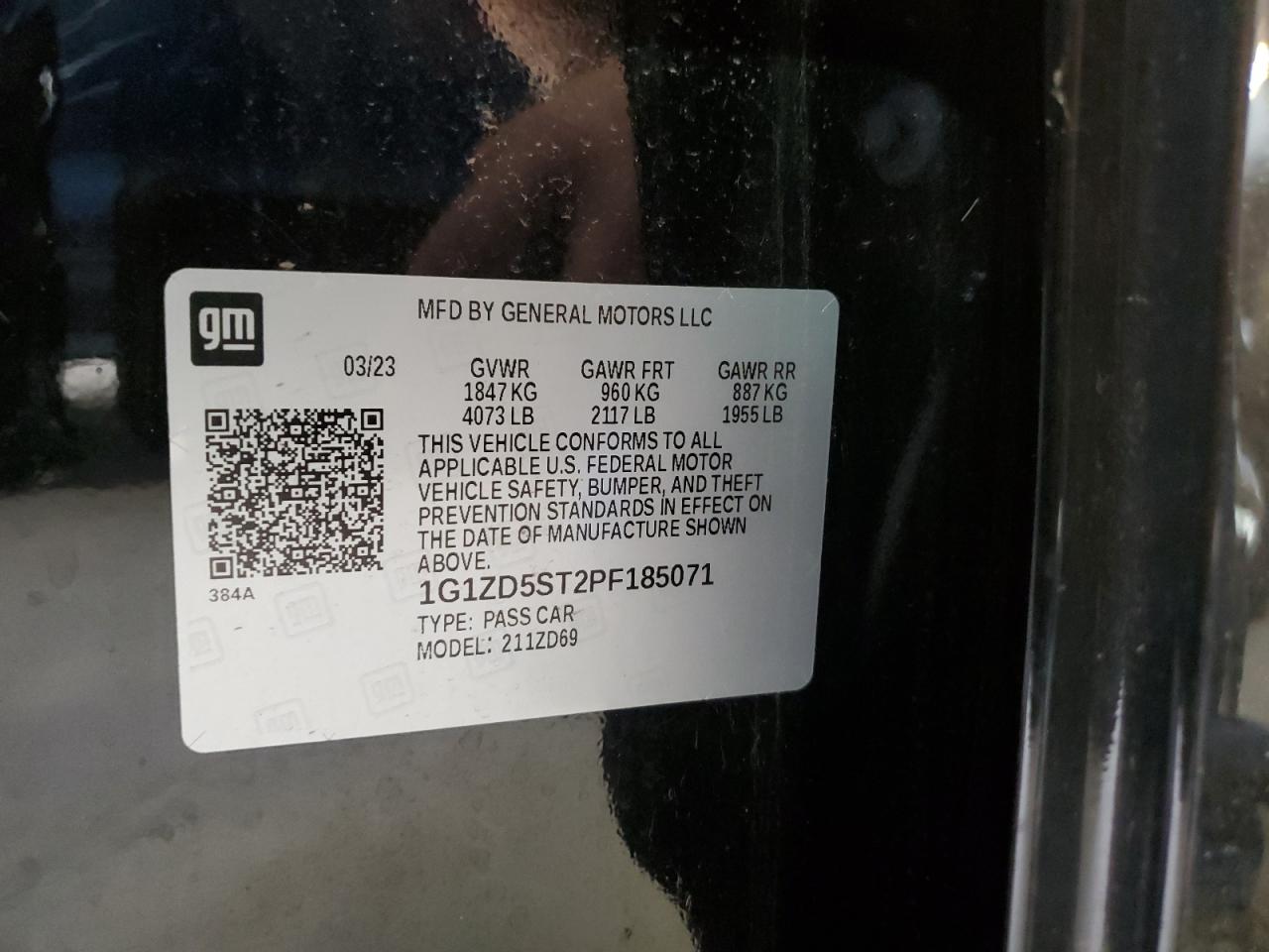 2023 CHEVROLET MALIBU LT VIN:1G1ZD5ST2PF185071