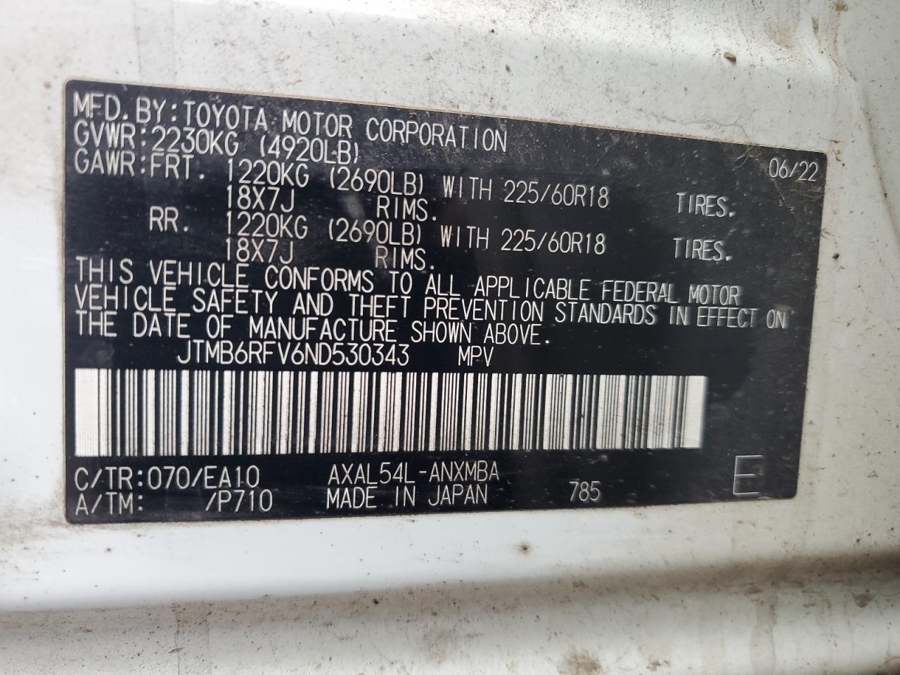 2022 TOYOTA RAV4 XLE PREMIUM VIN:JTMB6RFV6ND530343