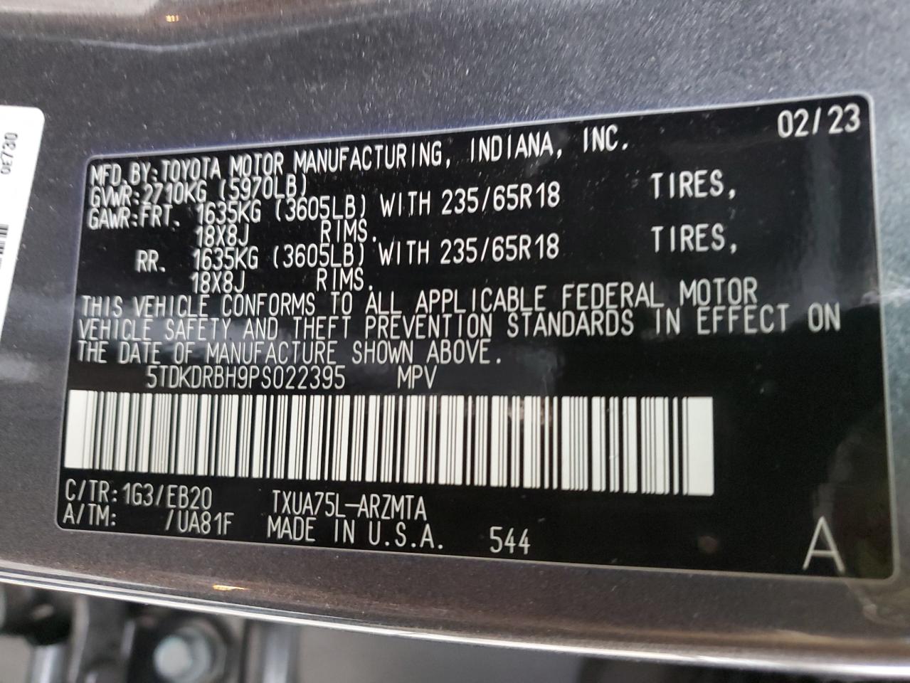 2023 TOYOTA HIGHLANDER L VIN:5TDKDRBH9PS022395